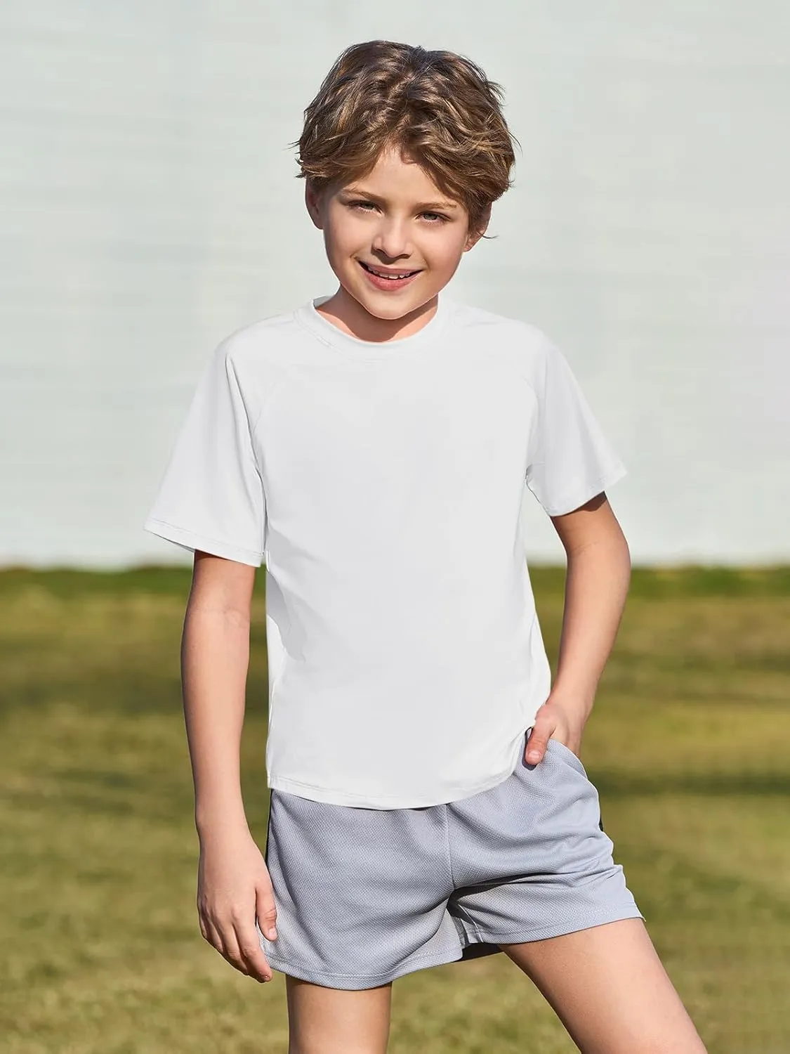 Haloumoning Boys Short Sleeve Athletic T-Shirts Kids Basic Quick Dry Lightweight Performance Tees 5-14 Years