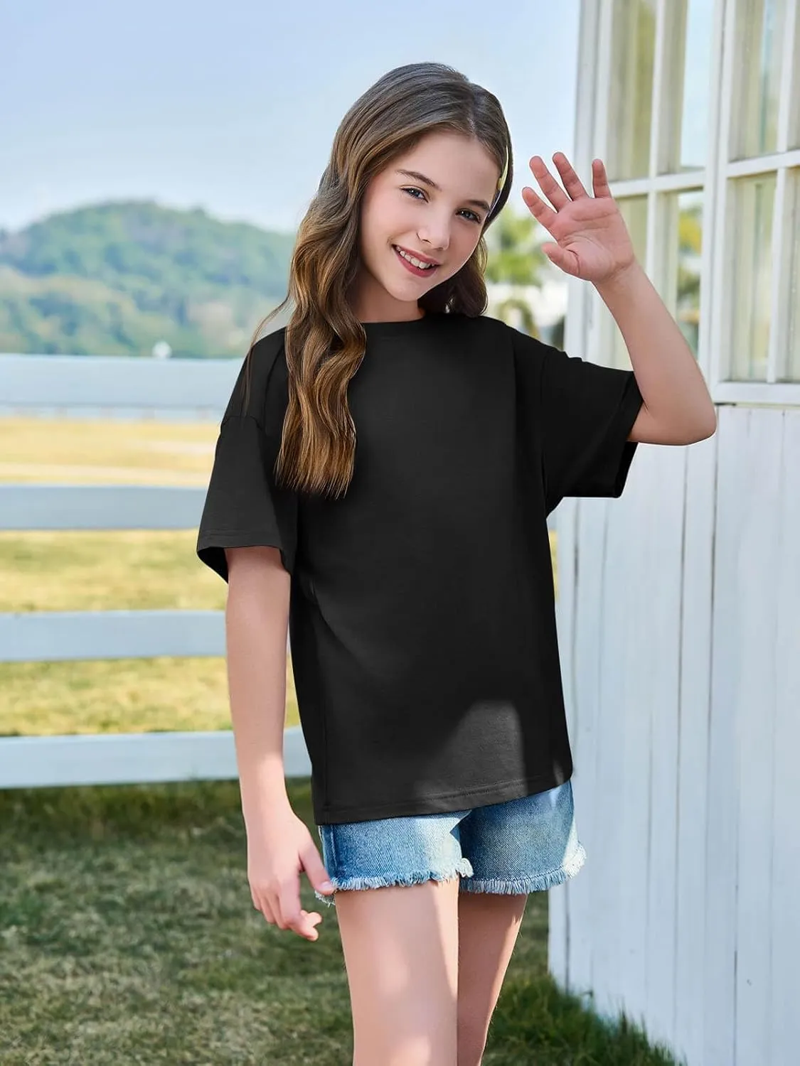 Haloumoning Girls Short Sleeve T Shirts Kids Summer Oversized Tops Casual Crewneck Basic Tees 5-14Y