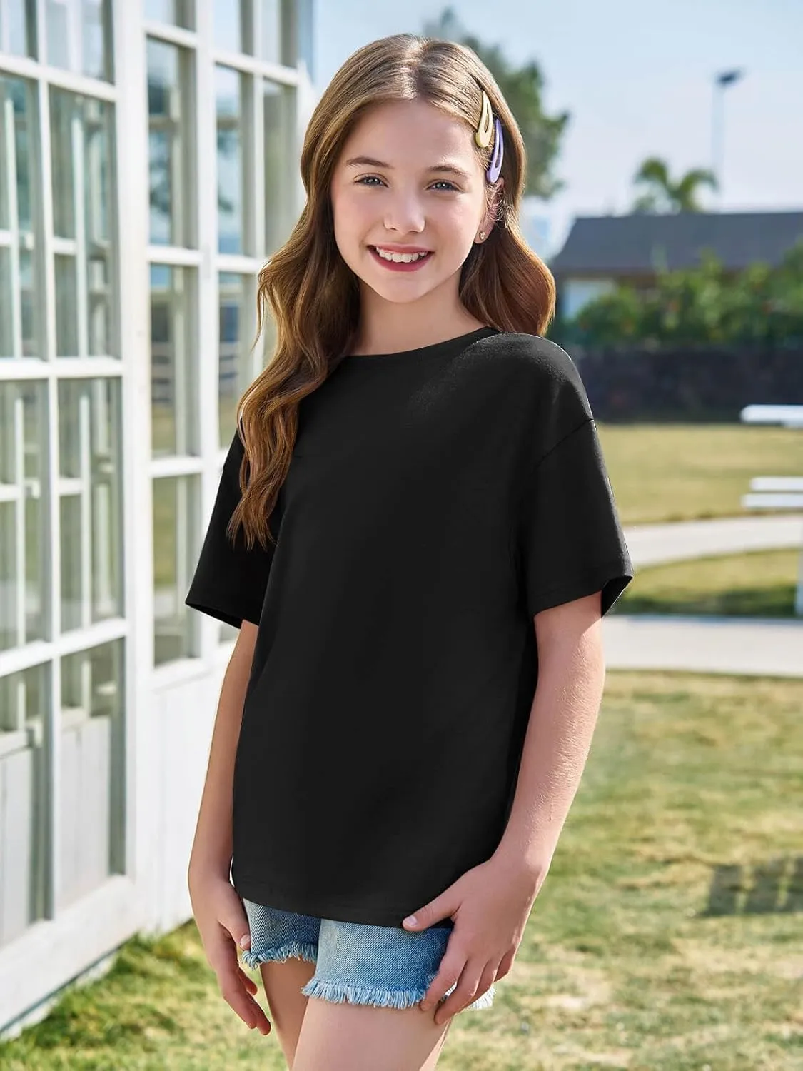 Haloumoning Girls Short Sleeve T Shirts Kids Summer Oversized Tops Casual Crewneck Basic Tees 5-14Y