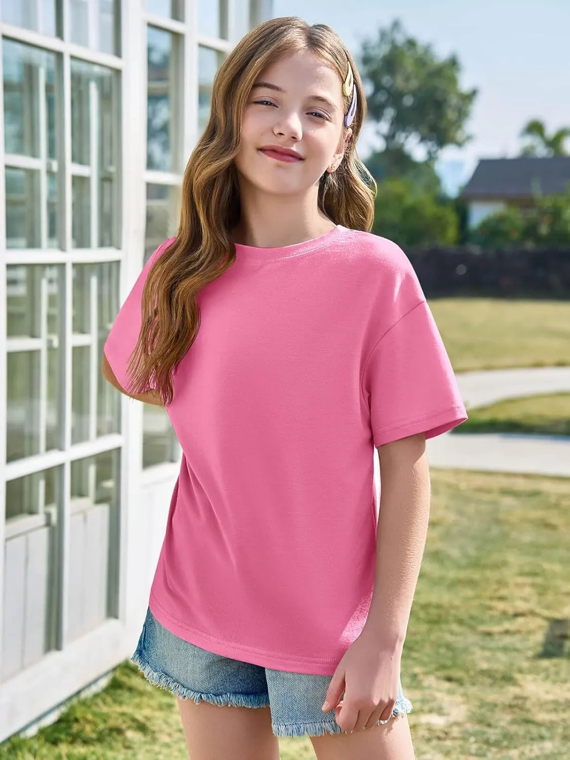 Haloumoning Girls Short Sleeve T Shirts Kids Summer Oversized Tops Casual Crewneck Basic Tees 5-14Y