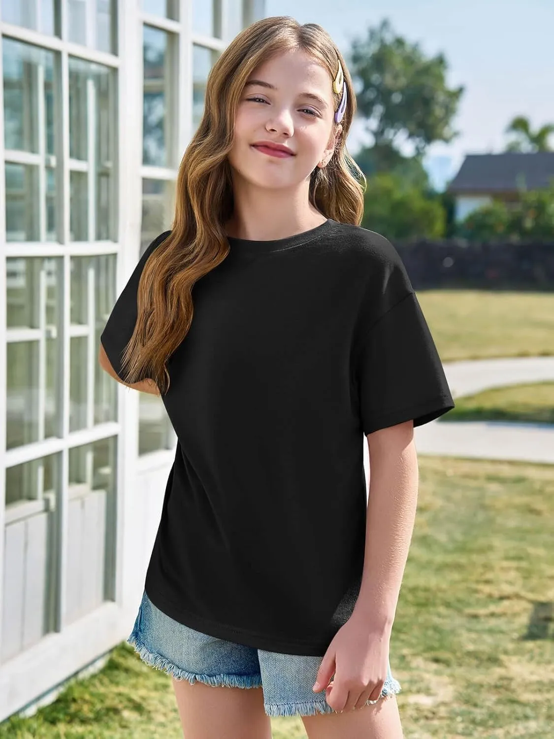 Haloumoning Girls Short Sleeve T Shirts Kids Summer Oversized Tops Casual Crewneck Basic Tees 5-14Y