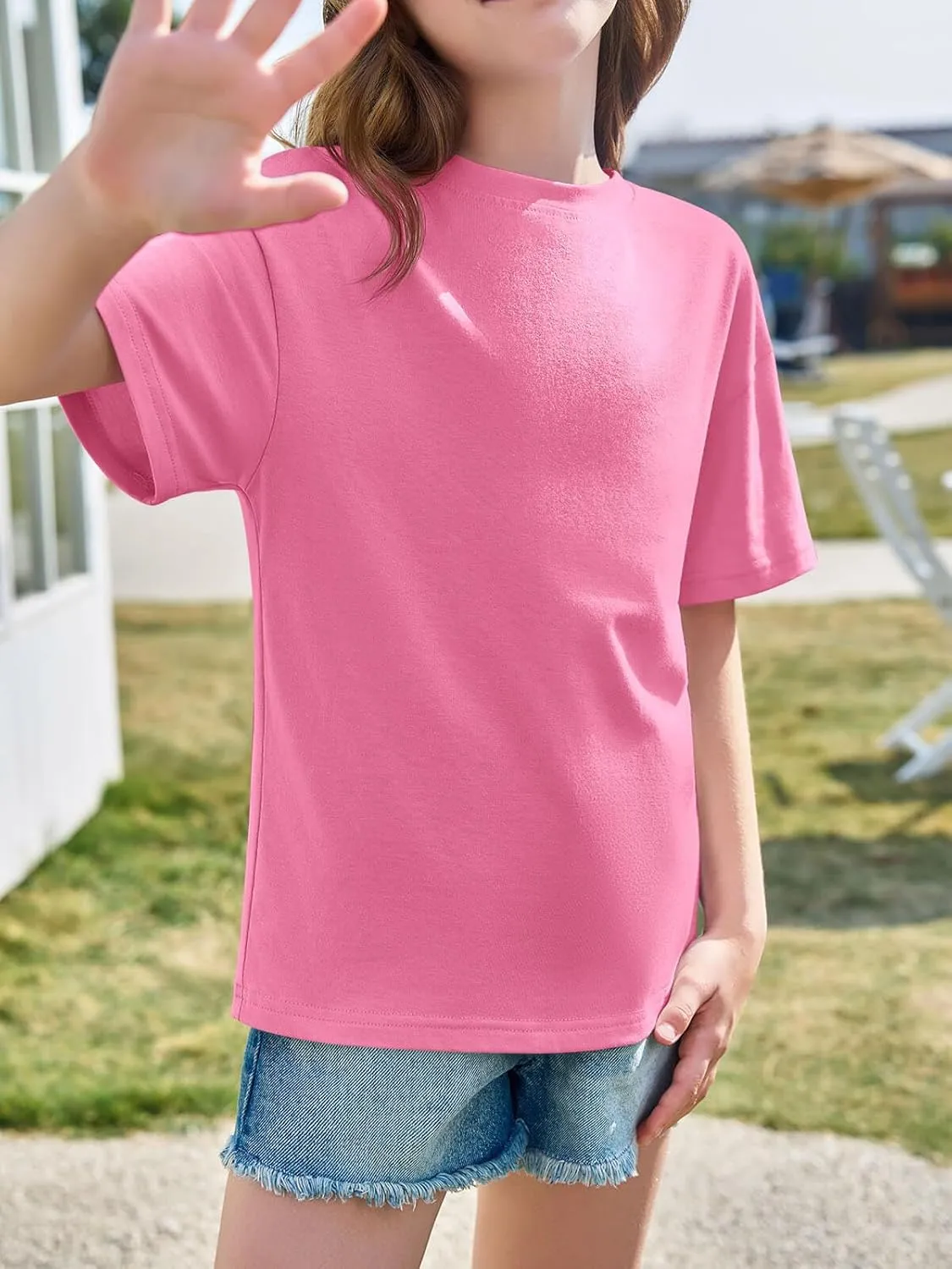 Haloumoning Girls Short Sleeve T Shirts Kids Summer Oversized Tops Casual Crewneck Basic Tees 5-14Y