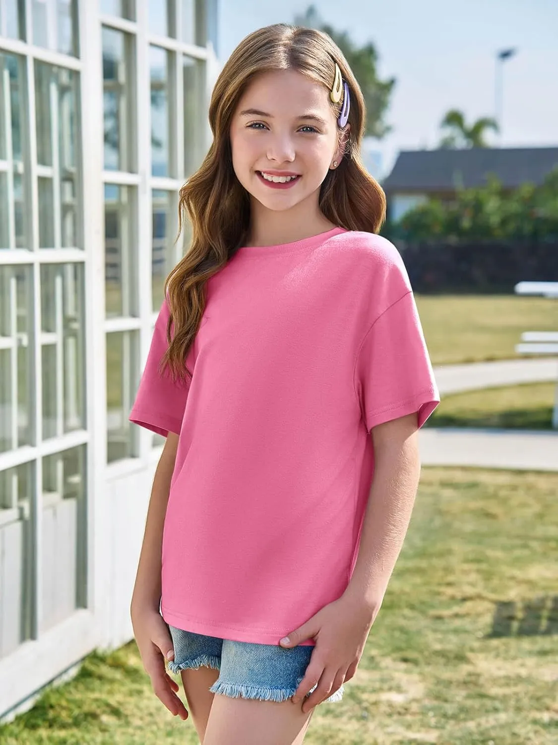 Haloumoning Girls Short Sleeve T Shirts Kids Summer Oversized Tops Casual Crewneck Basic Tees 5-14Y