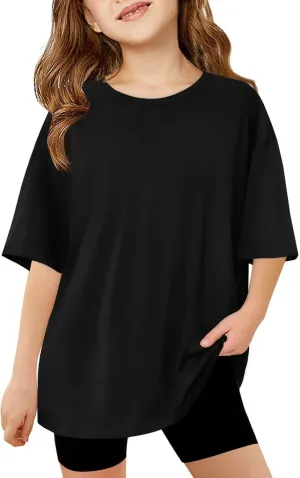 Haloumoning Girls Short Sleeve T Shirts Kids Summer Oversized Tops Casual Crewneck Basic Tees 5-14Y