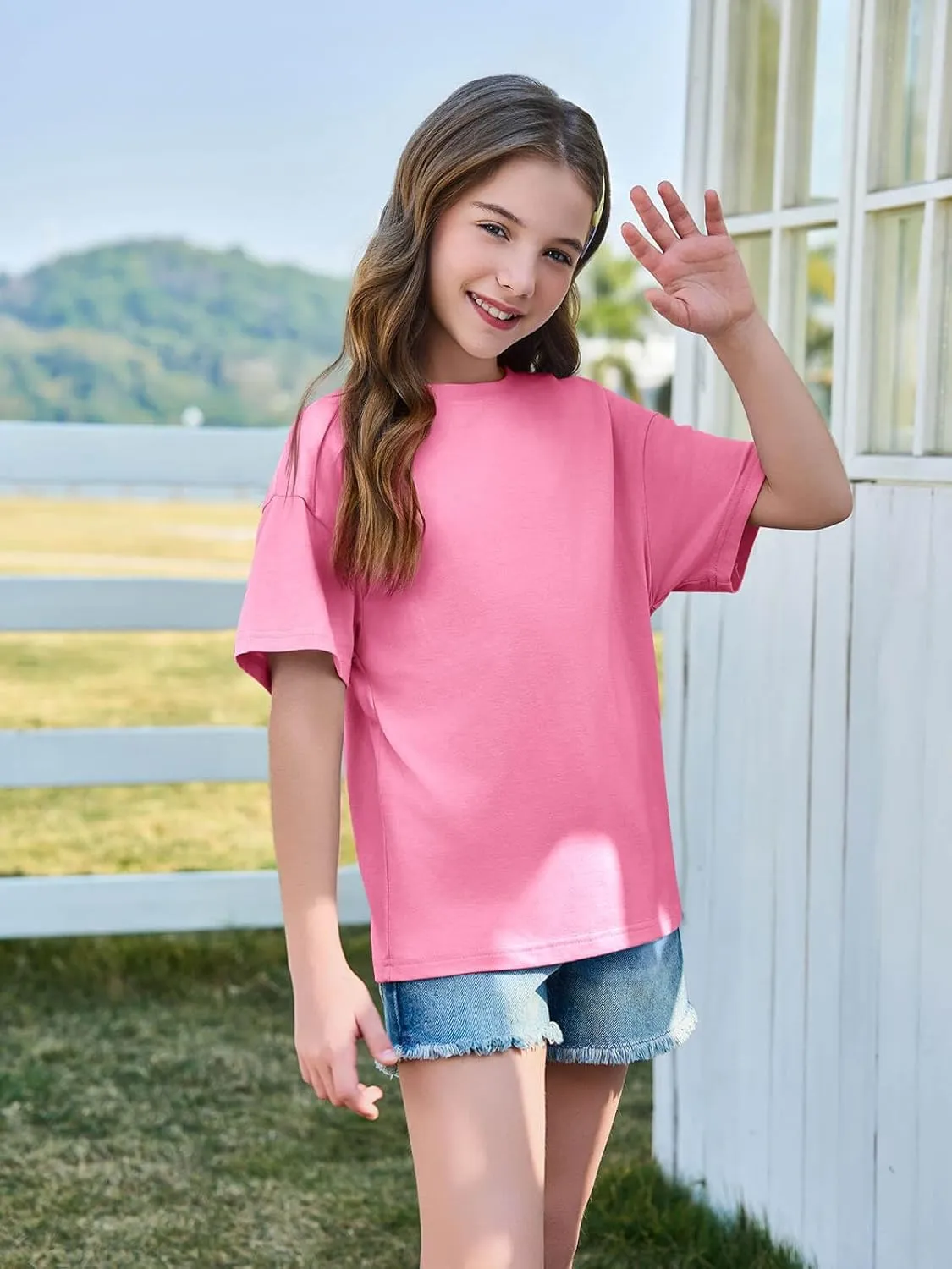 Haloumoning Girls Short Sleeve T Shirts Kids Summer Oversized Tops Casual Crewneck Basic Tees 5-14Y