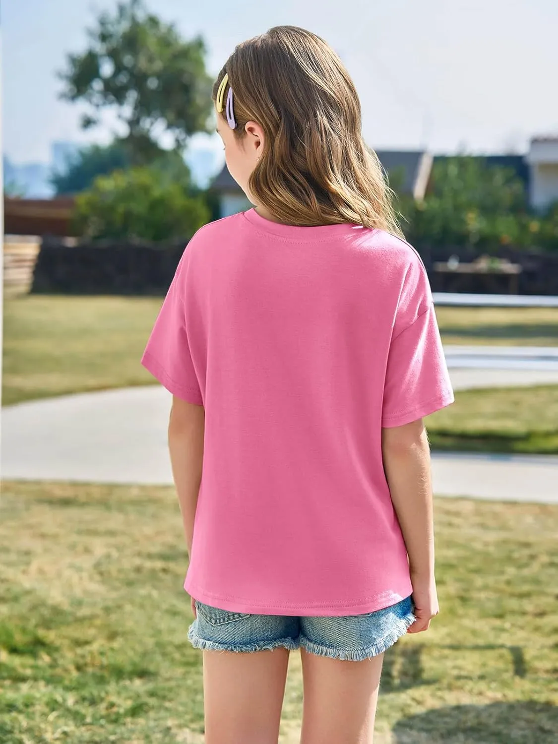 Haloumoning Girls Short Sleeve T Shirts Kids Summer Oversized Tops Casual Crewneck Basic Tees 5-14Y