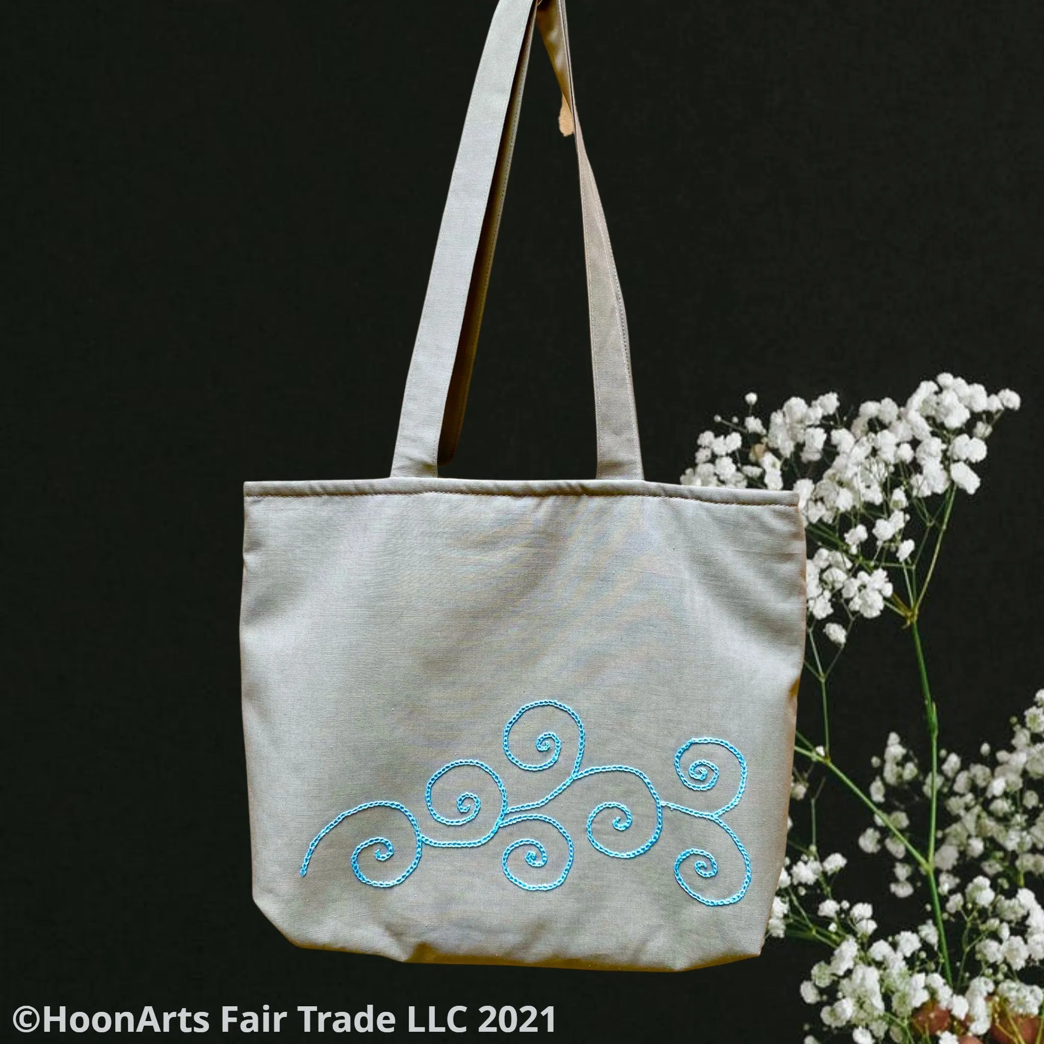 Hand Embroidered Blue Swirl Tote Bag