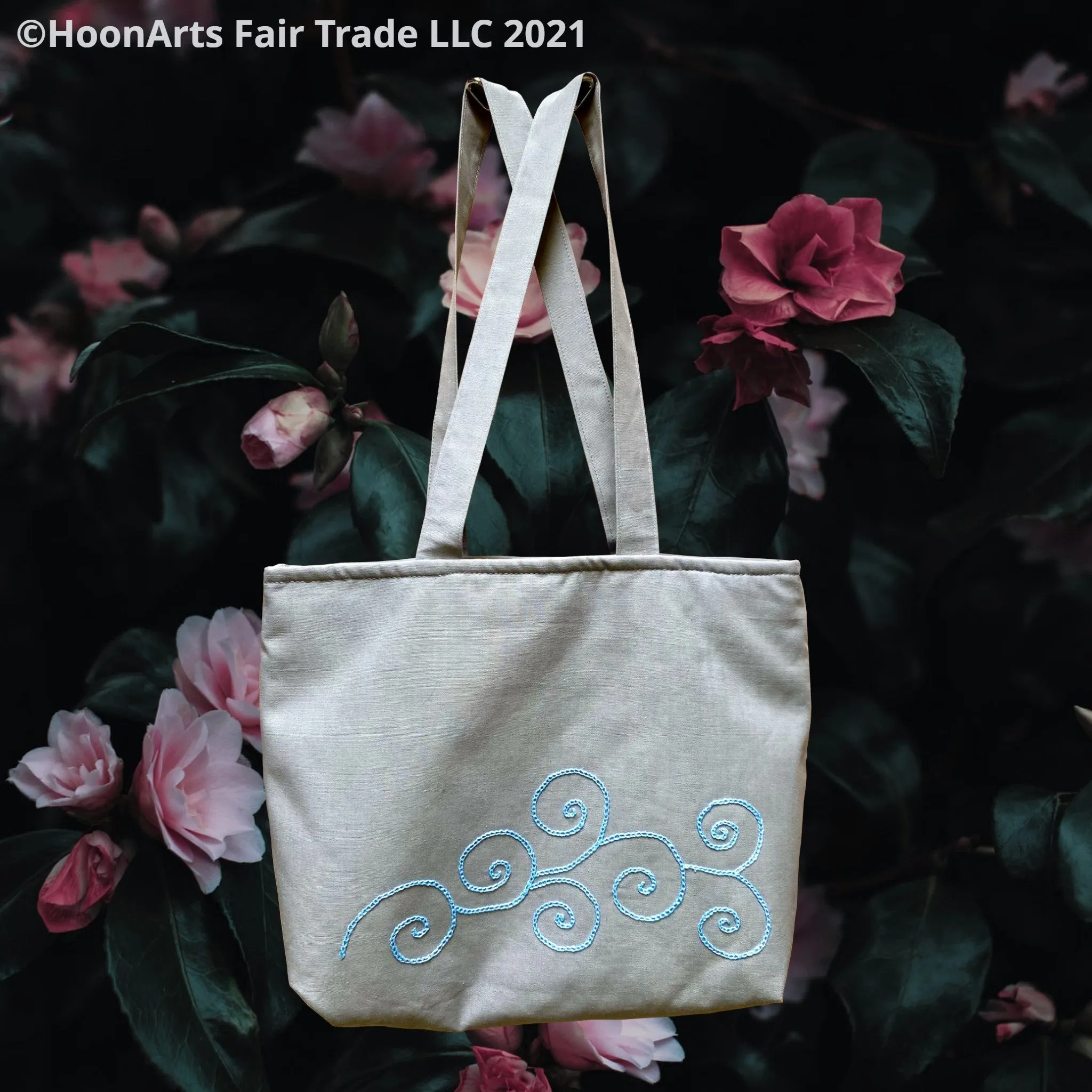Hand Embroidered Blue Swirl Tote Bag