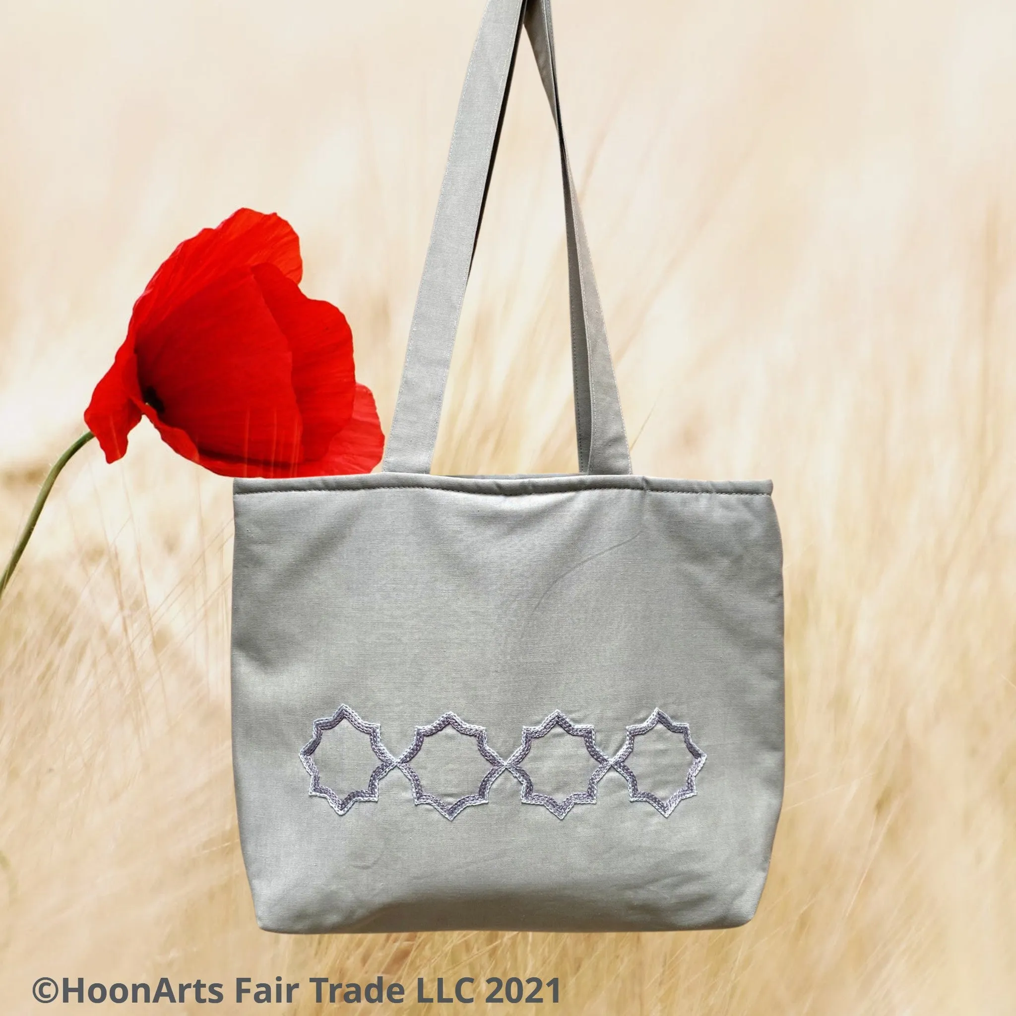 Hand Embroidered Grey "Eastern Star" Tote Bag