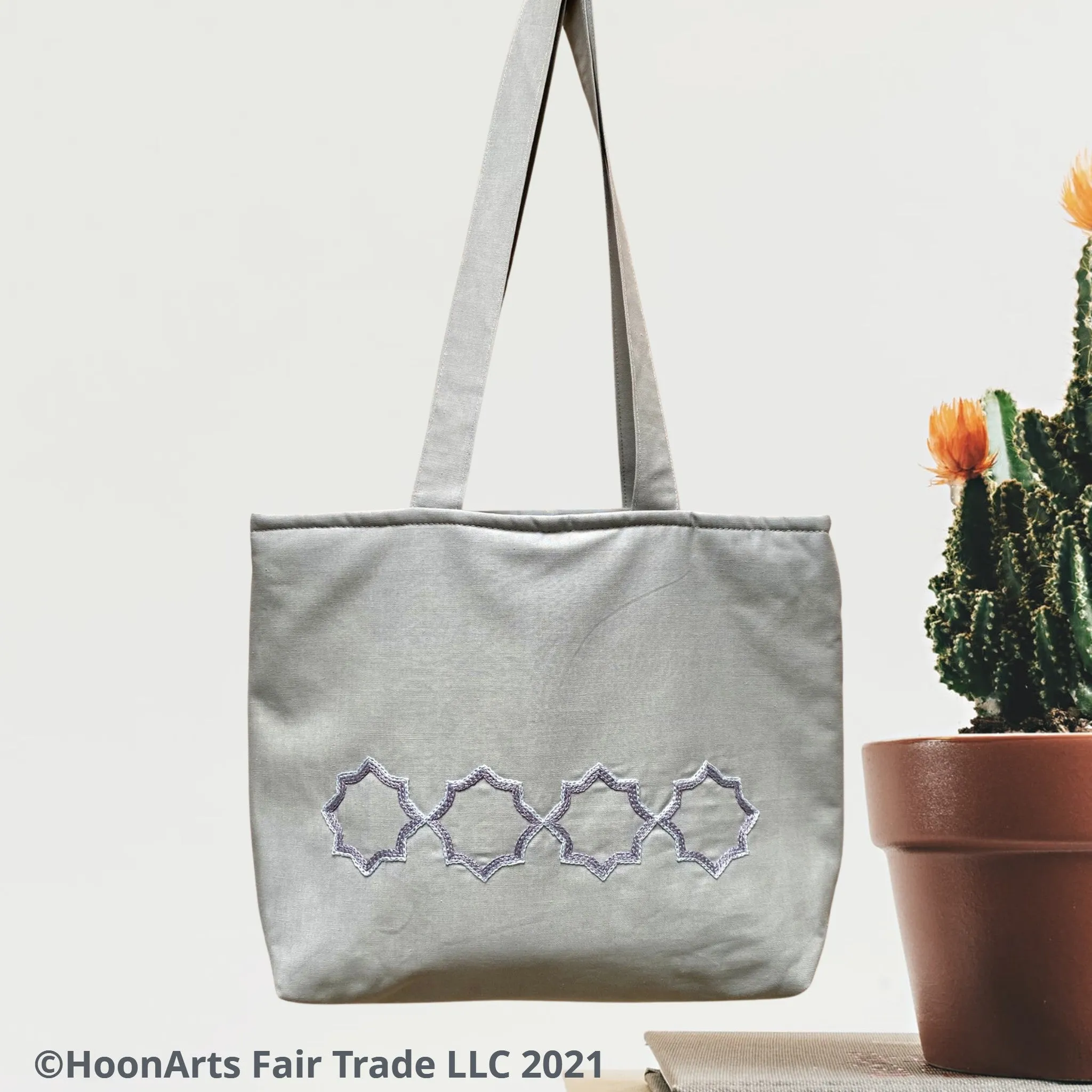 Hand Embroidered Grey "Eastern Star" Tote Bag