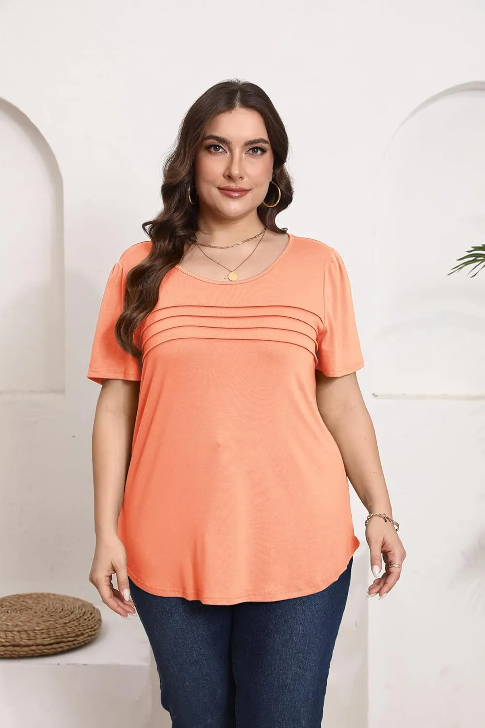 HBEYYTO Womens Plus Size Tops Short Sleeve Pleated T shirts Dressy Casual Scooped Neck Flowy Loose Floral Blouses 1X-5X