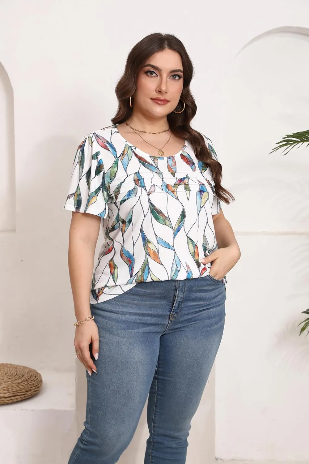 HBEYYTO Womens Plus Size Tops Short Sleeve Pleated T shirts Dressy Casual Scooped Neck Flowy Loose Floral Blouses 1X-5X