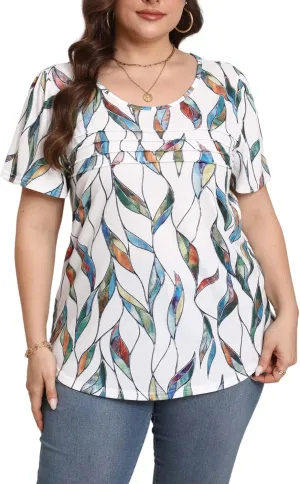 HBEYYTO Womens Plus Size Tops Short Sleeve Pleated T shirts Dressy Casual Scooped Neck Flowy Loose Floral Blouses 1X-5X