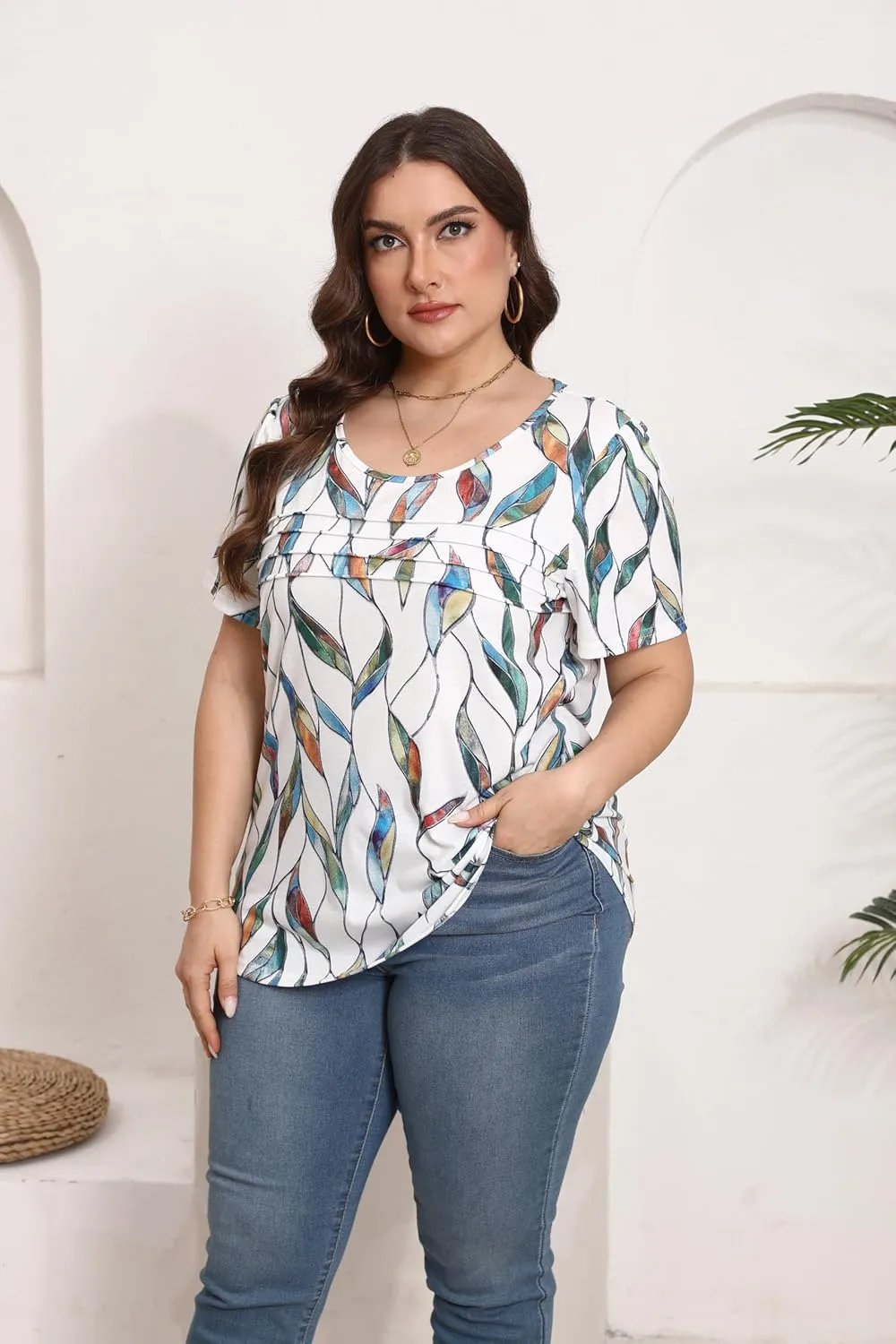 HBEYYTO Womens Plus Size Tops Short Sleeve Pleated T shirts Dressy Casual Scooped Neck Flowy Loose Floral Blouses 1X-5X