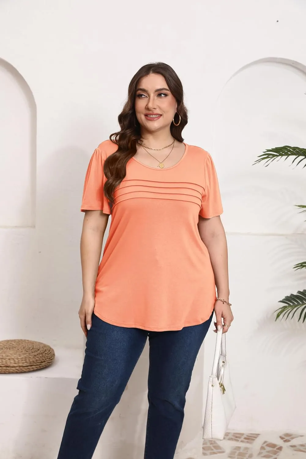 HBEYYTO Womens Plus Size Tops Short Sleeve Pleated T shirts Dressy Casual Scooped Neck Flowy Loose Floral Blouses 1X-5X