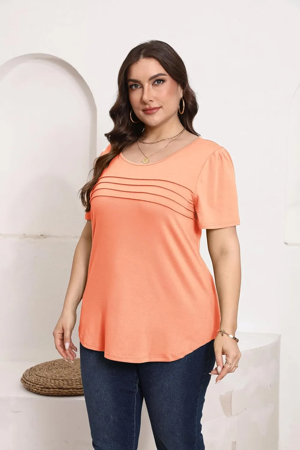 HBEYYTO Womens Plus Size Tops Short Sleeve Pleated T shirts Dressy Casual Scooped Neck Flowy Loose Floral Blouses 1X-5X