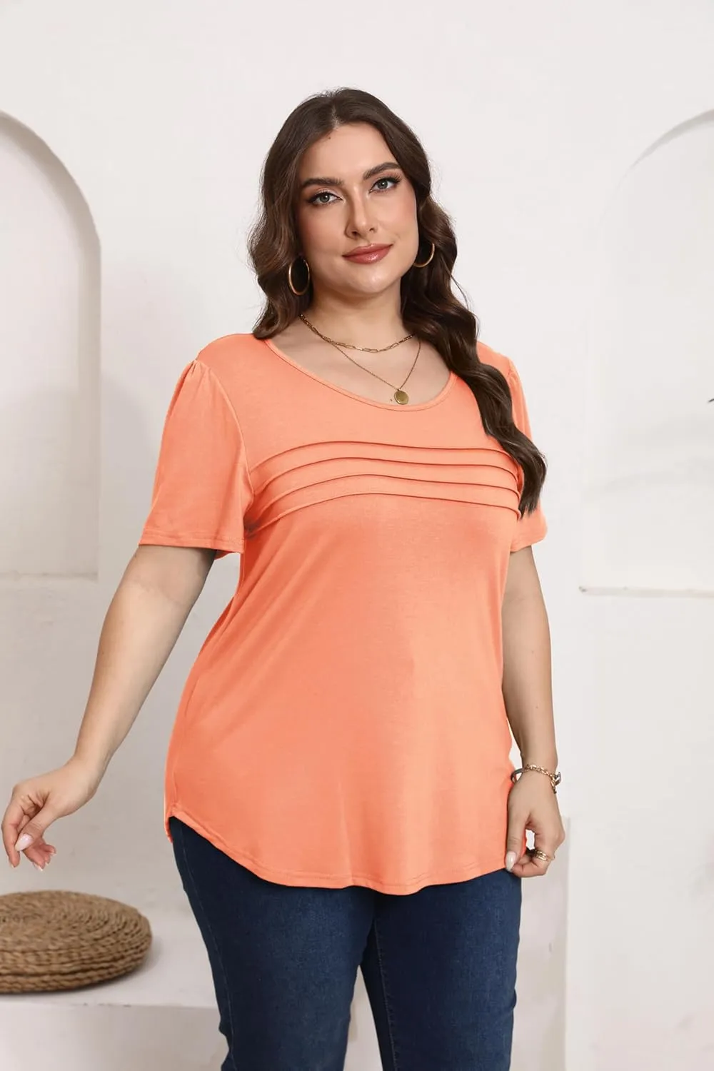 HBEYYTO Womens Plus Size Tops Short Sleeve Pleated T shirts Dressy Casual Scooped Neck Flowy Loose Floral Blouses 1X-5X