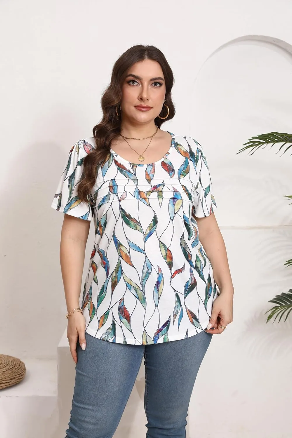 HBEYYTO Womens Plus Size Tops Short Sleeve Pleated T shirts Dressy Casual Scooped Neck Flowy Loose Floral Blouses 1X-5X