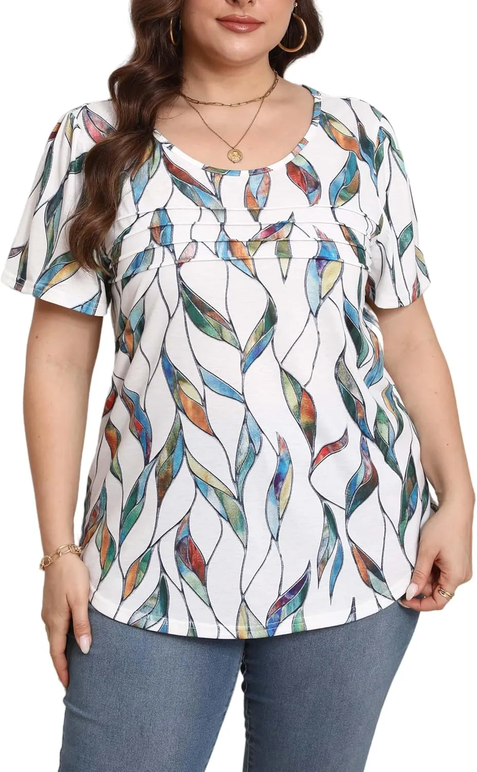 HBEYYTO Womens Plus Size Tops Short Sleeve Pleated T shirts Dressy Casual Scooped Neck Flowy Loose Floral Blouses 1X-5X