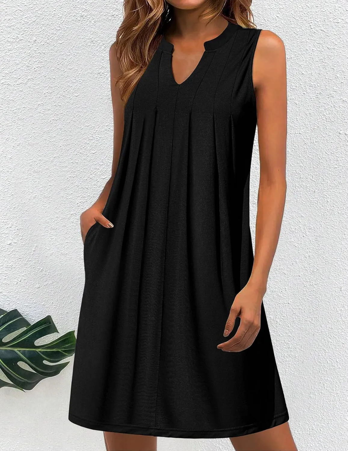 HOTOUCH Women Casual A-Line Dress with Pockets 2024 Sleeveless V Neck Pleated Sundress Loose T-Shirt Work Office Dresses