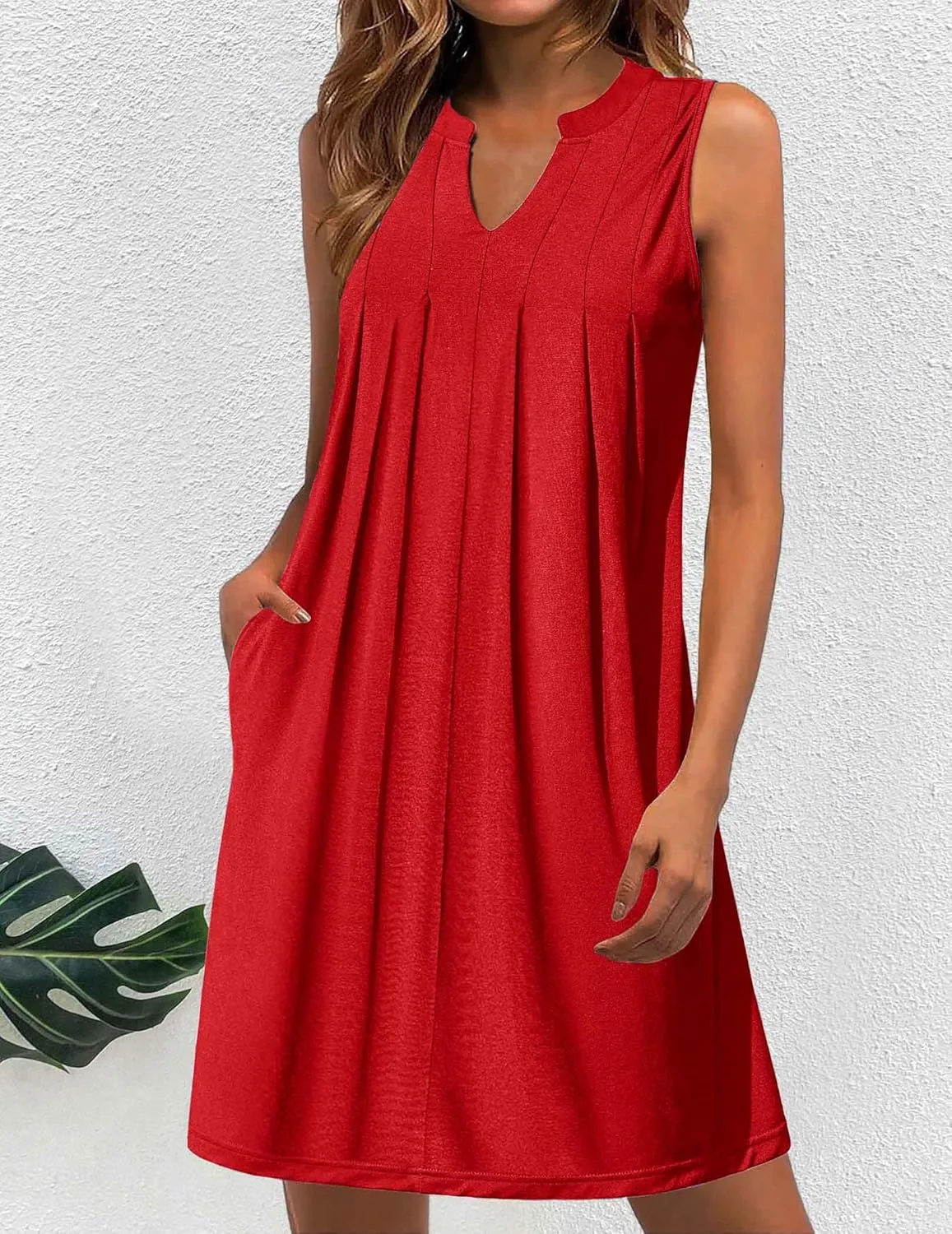 HOTOUCH Women Casual A-Line Dress with Pockets 2024 Sleeveless V Neck Pleated Sundress Loose T-Shirt Work Office Dresses