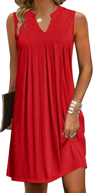 HOTOUCH Women Casual A-Line Dress with Pockets 2024 Sleeveless V Neck Pleated Sundress Loose T-Shirt Work Office Dresses