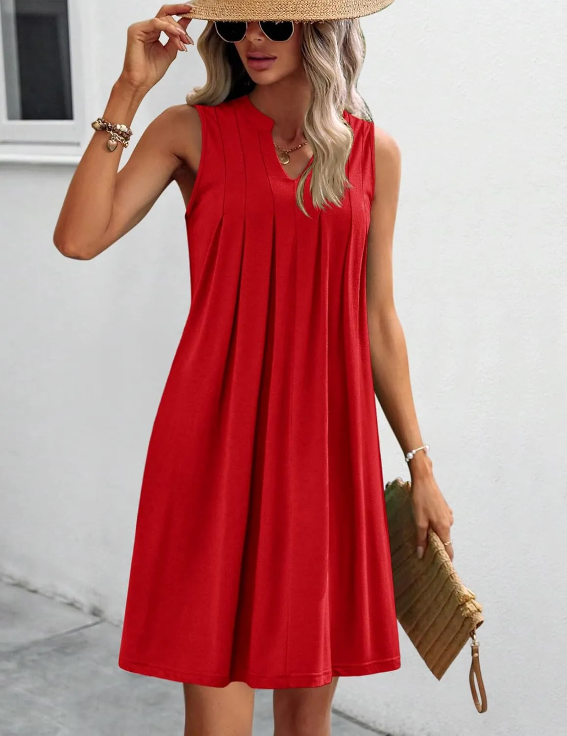 HOTOUCH Women Casual A-Line Dress with Pockets 2024 Sleeveless V Neck Pleated Sundress Loose T-Shirt Work Office Dresses