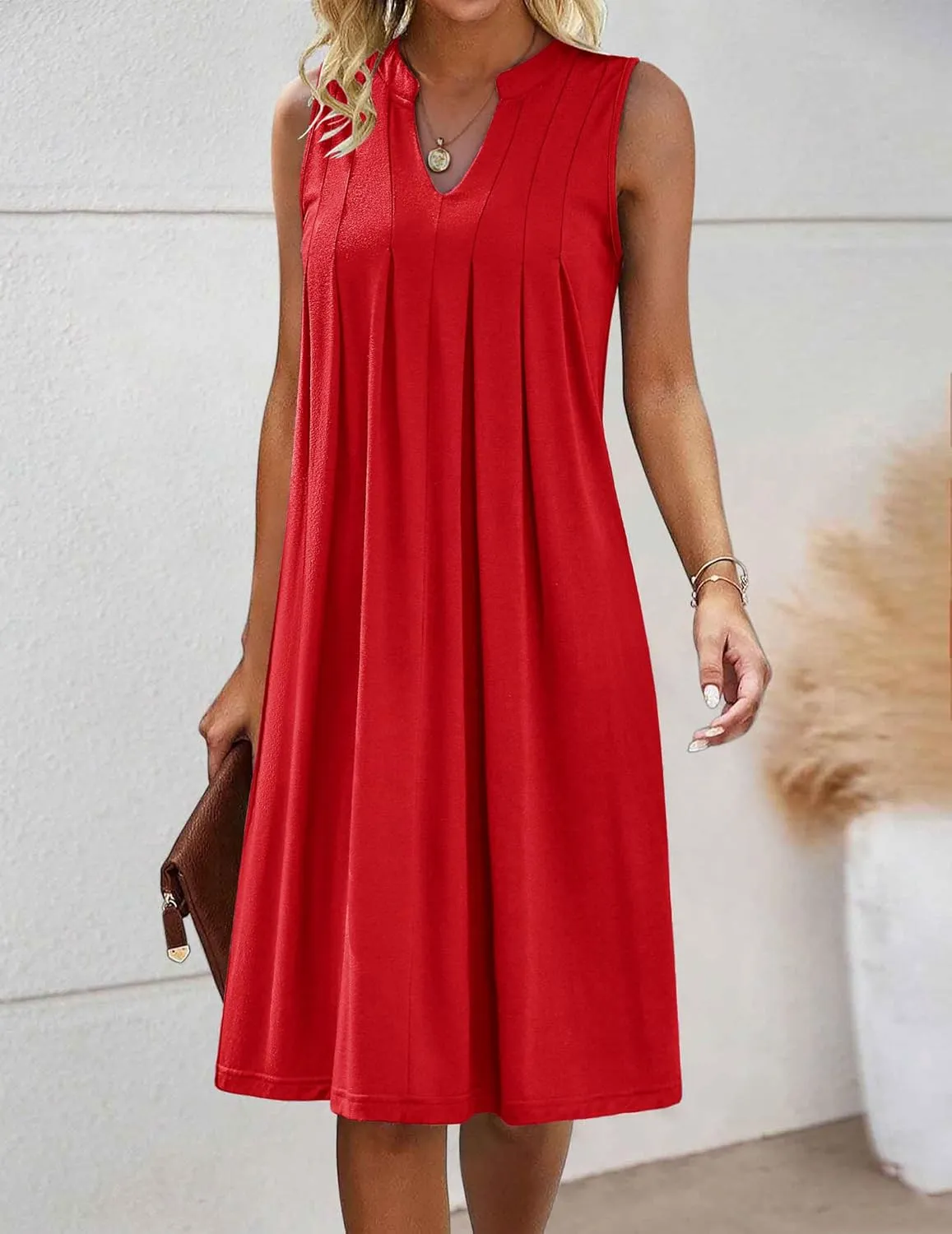 HOTOUCH Women Casual A-Line Dress with Pockets 2024 Sleeveless V Neck Pleated Sundress Loose T-Shirt Work Office Dresses