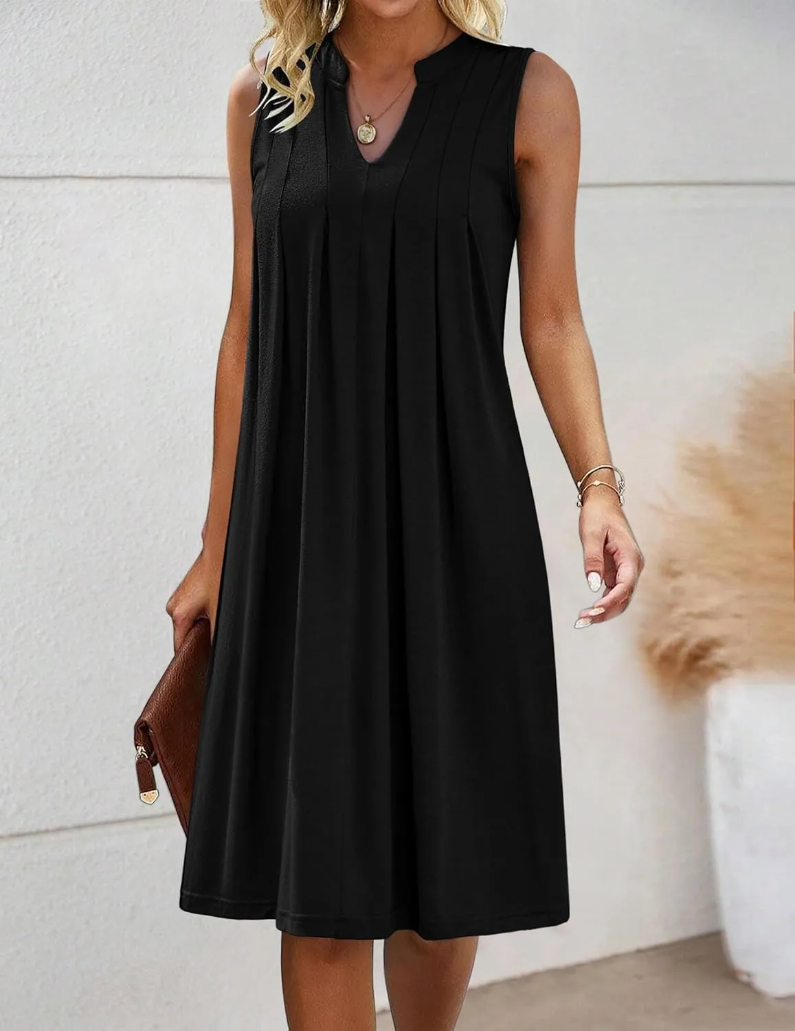 HOTOUCH Women Casual A-Line Dress with Pockets 2024 Sleeveless V Neck Pleated Sundress Loose T-Shirt Work Office Dresses