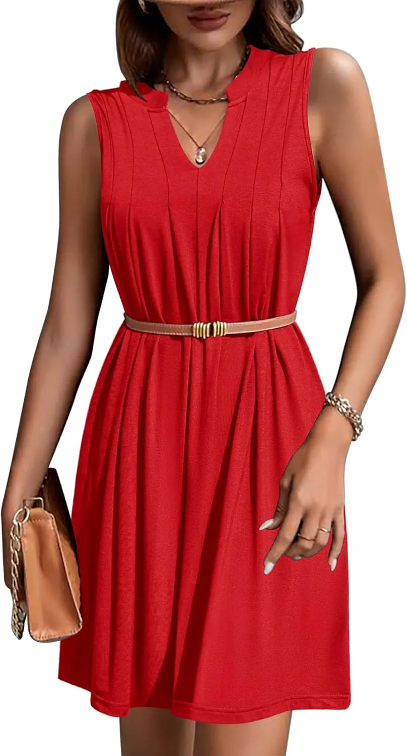 HOTOUCH Women Casual A-Line Dress with Pockets 2024 Sleeveless V Neck Pleated Sundress Loose T-Shirt Work Office Dresses