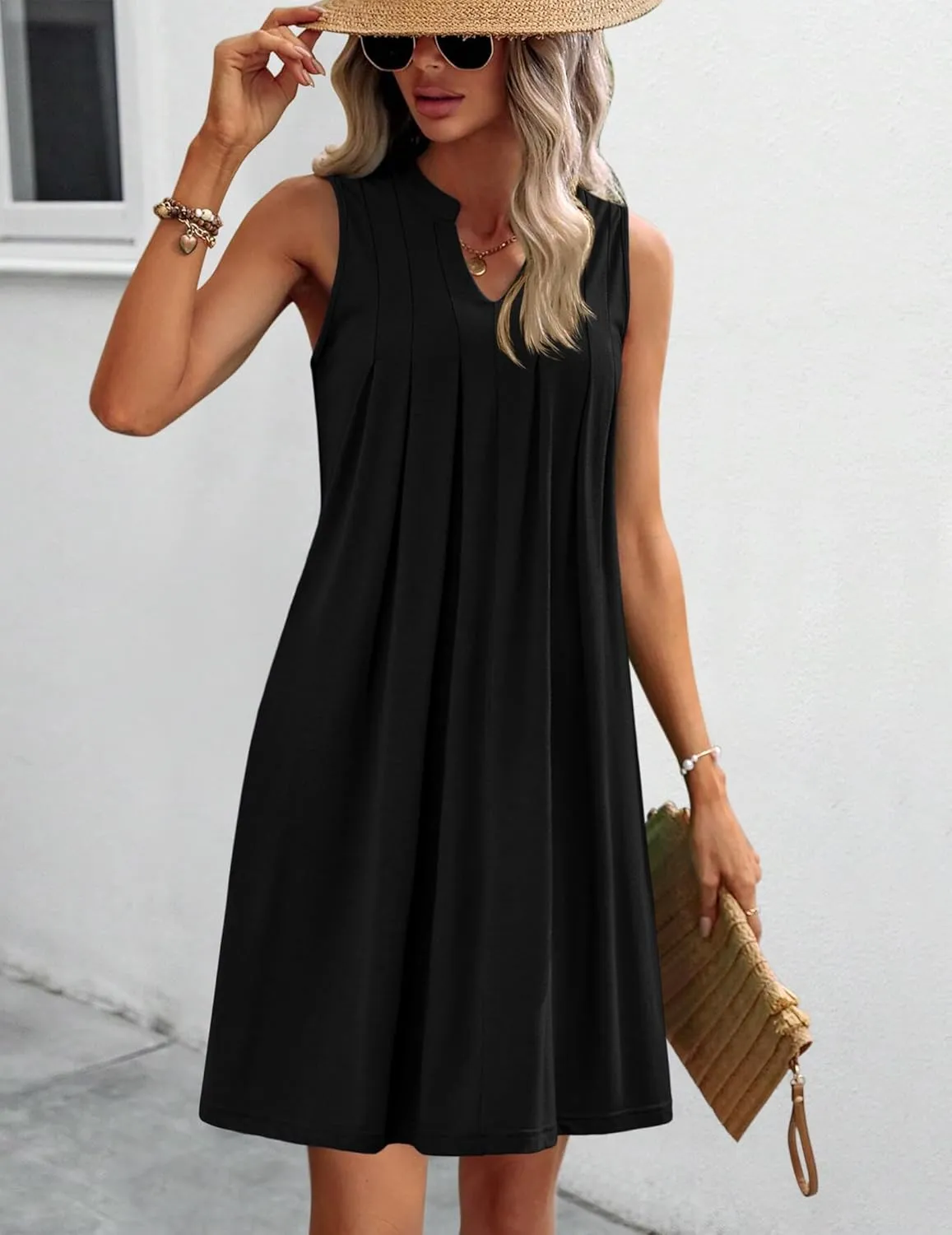 HOTOUCH Women Casual A-Line Dress with Pockets 2024 Sleeveless V Neck Pleated Sundress Loose T-Shirt Work Office Dresses
