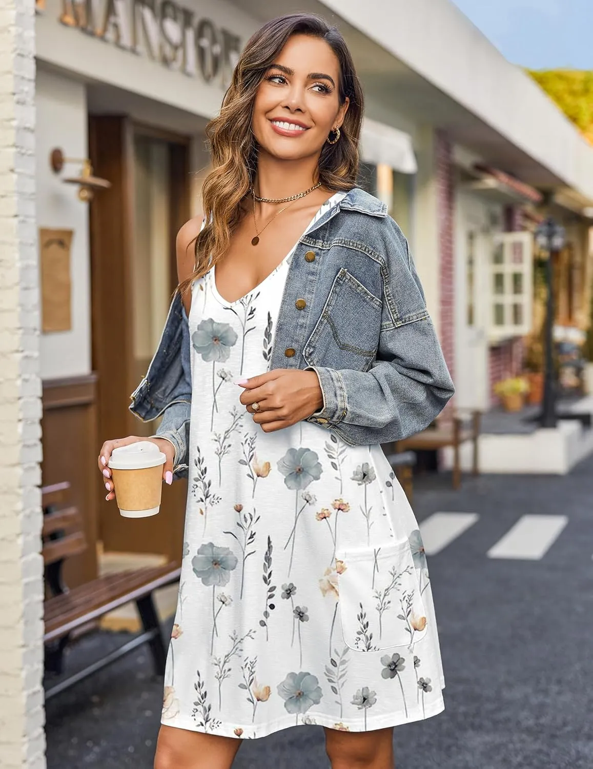 HOTOUCH Women's Casual Sundress with Pockets Summer Beach Dress Floral T-Shirts Dress V Neck Loose Tank Dresses