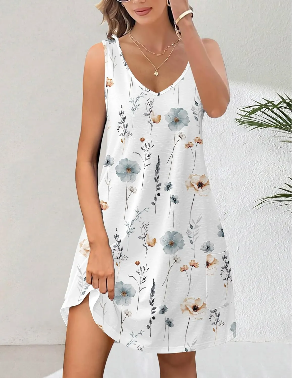 HOTOUCH Women's Casual Sundress with Pockets Summer Beach Dress Floral T-Shirts Dress V Neck Loose Tank Dresses