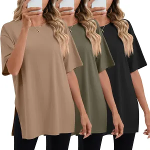 Huukeay 3 Pack Women's Oversized Gym T Shirts Cotton Short Sleeve Side Split Crewneck Tops Casual Workout Baggy Basic Tee