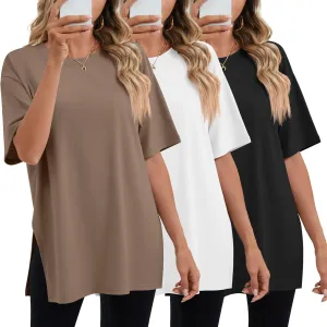 Huukeay 3 Pack Women's Oversized Gym T Shirts Cotton Short Sleeve Side Split Crewneck Tops Casual Workout Baggy Basic Tee