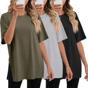 Huukeay 3 Pack Women's Oversized Gym T Shirts Cotton Short Sleeve Side Split Crewneck Tops Casual Workout Baggy Basic Tee
