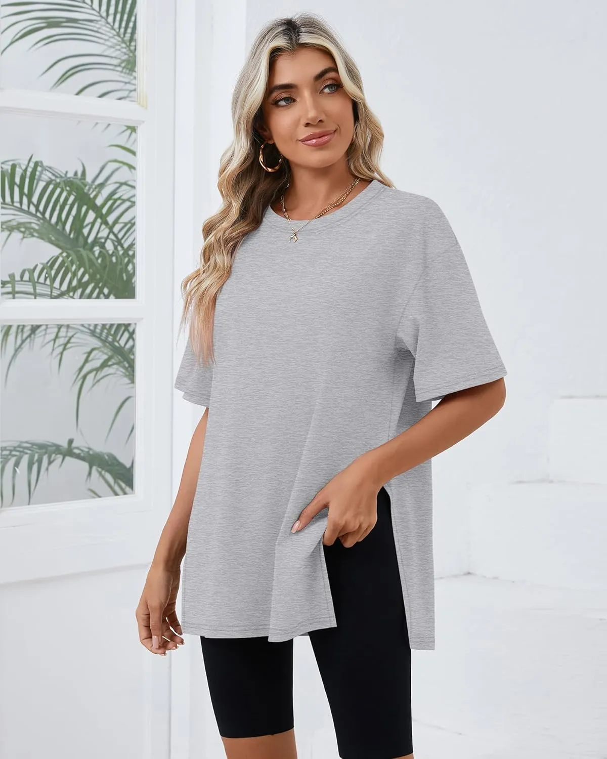 Huukeay 3 Pack Women's Oversized Gym T Shirts Cotton Short Sleeve Side Split Crewneck Tops Casual Workout Baggy Basic Tee