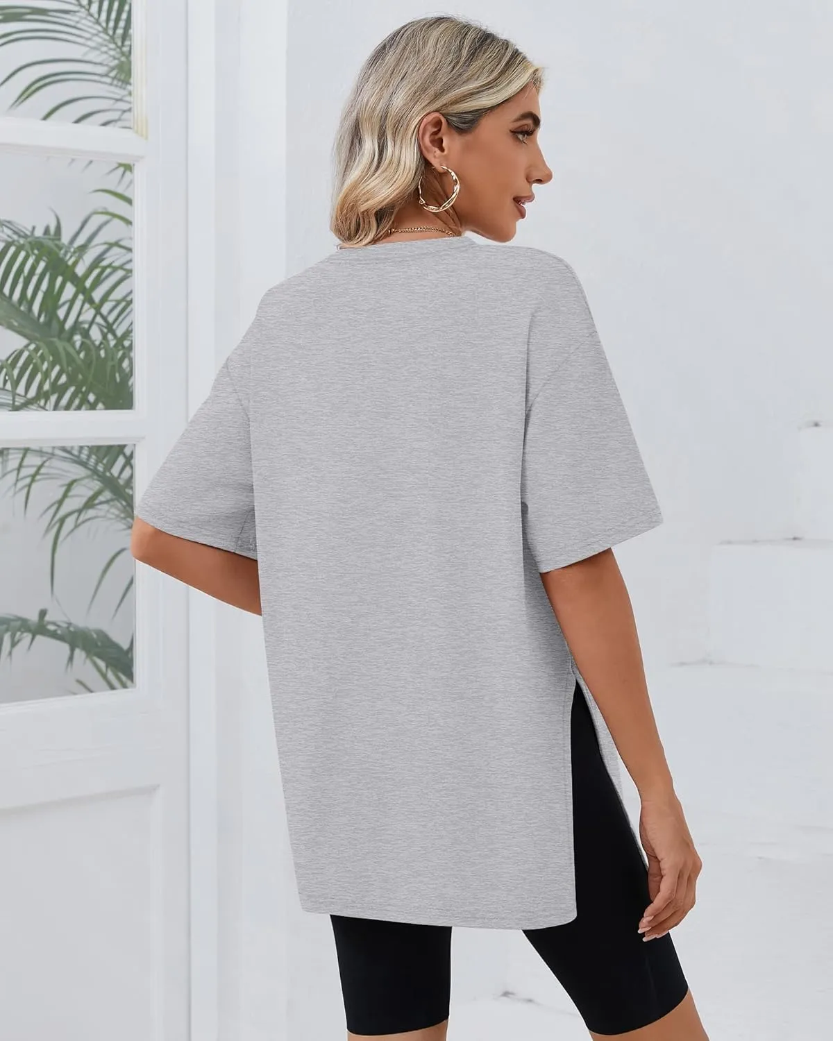 Huukeay 3 Pack Women's Oversized Gym T Shirts Cotton Short Sleeve Side Split Crewneck Tops Casual Workout Baggy Basic Tee