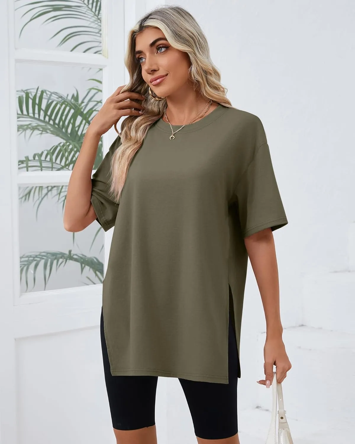 Huukeay 3 Pack Women's Oversized Gym T Shirts Cotton Short Sleeve Side Split Crewneck Tops Casual Workout Baggy Basic Tee