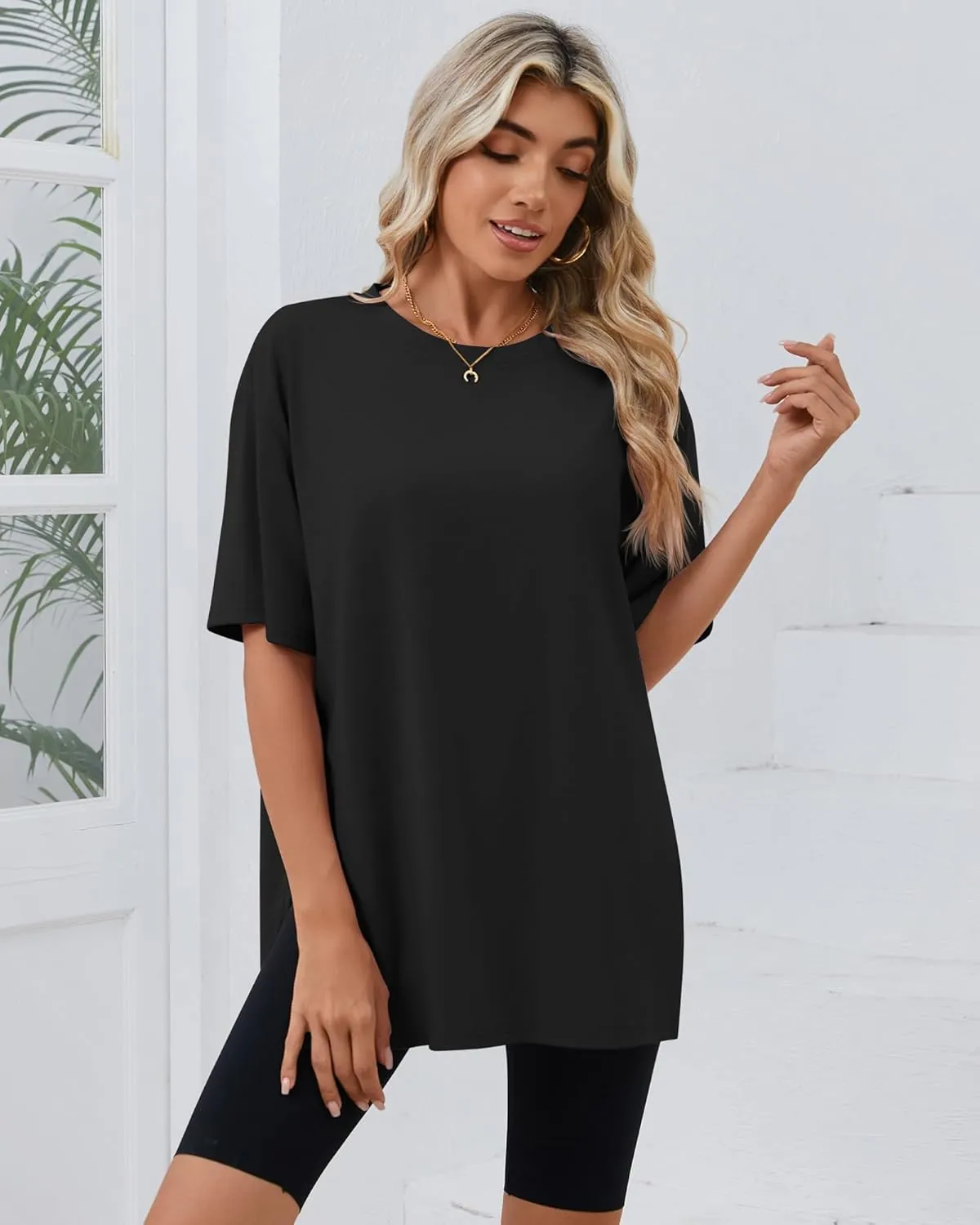 Huukeay 3 Pack Women's Oversized Gym T Shirts Cotton Short Sleeve Side Split Crewneck Tops Casual Workout Baggy Basic Tee