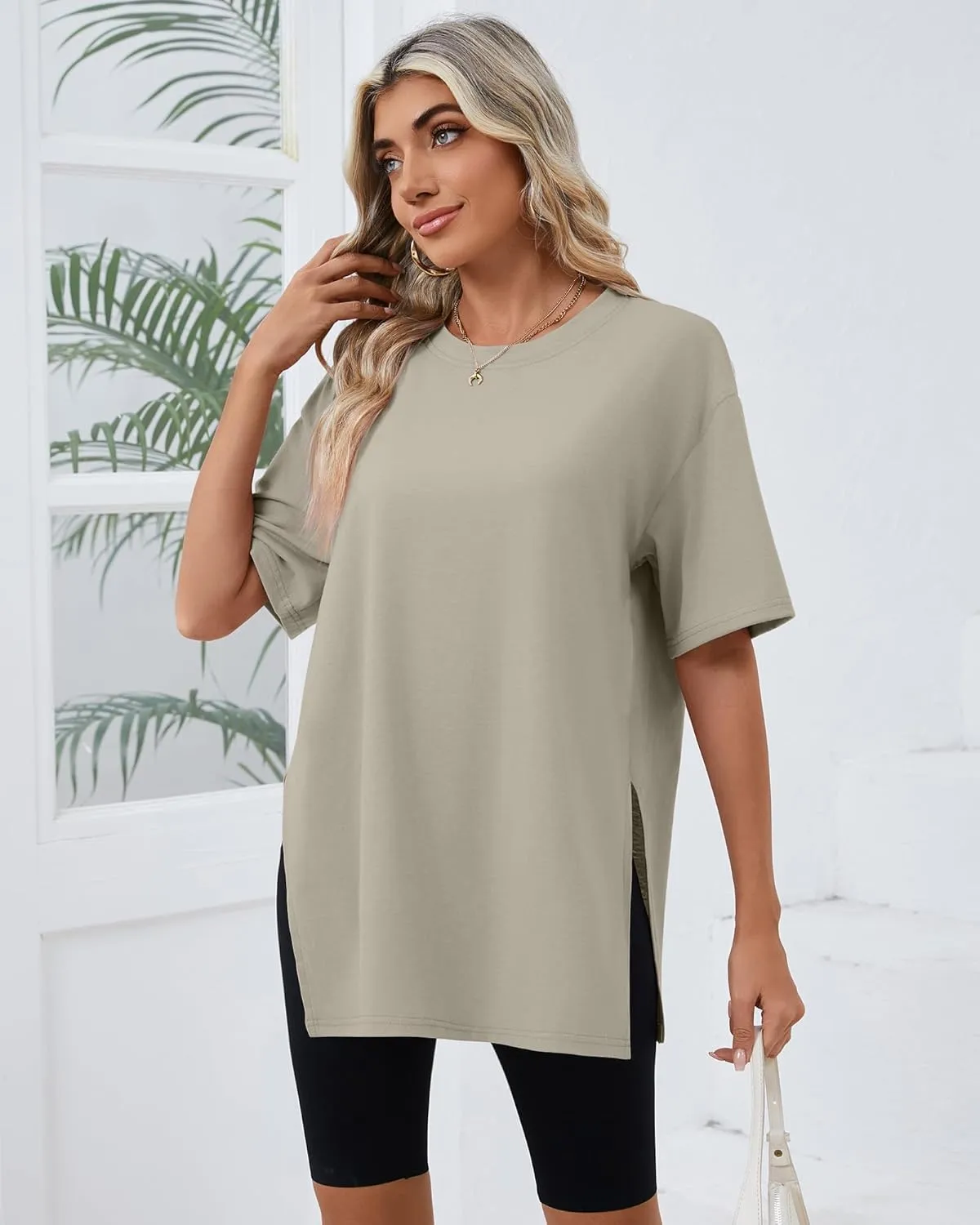 Huukeay 3 Pack Women's Oversized Gym T Shirts Cotton Short Sleeve Side Split Crewneck Tops Casual Workout Baggy Basic Tee