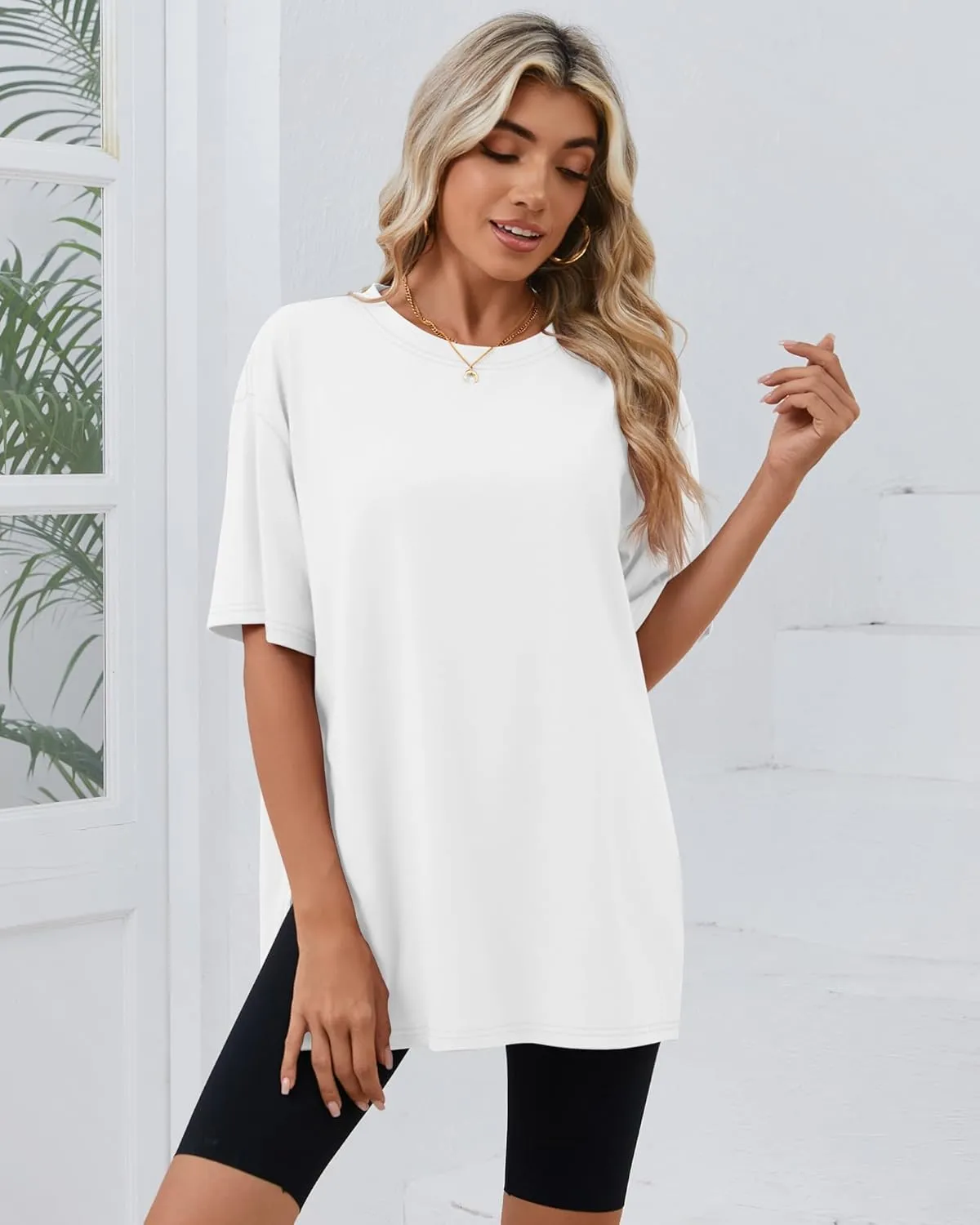 Huukeay 3 Pack Women's Oversized Gym T Shirts Cotton Short Sleeve Side Split Crewneck Tops Casual Workout Baggy Basic Tee