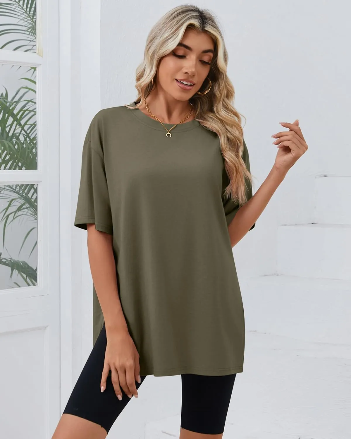 Huukeay 3 Pack Women's Oversized Gym T Shirts Cotton Short Sleeve Side Split Crewneck Tops Casual Workout Baggy Basic Tee