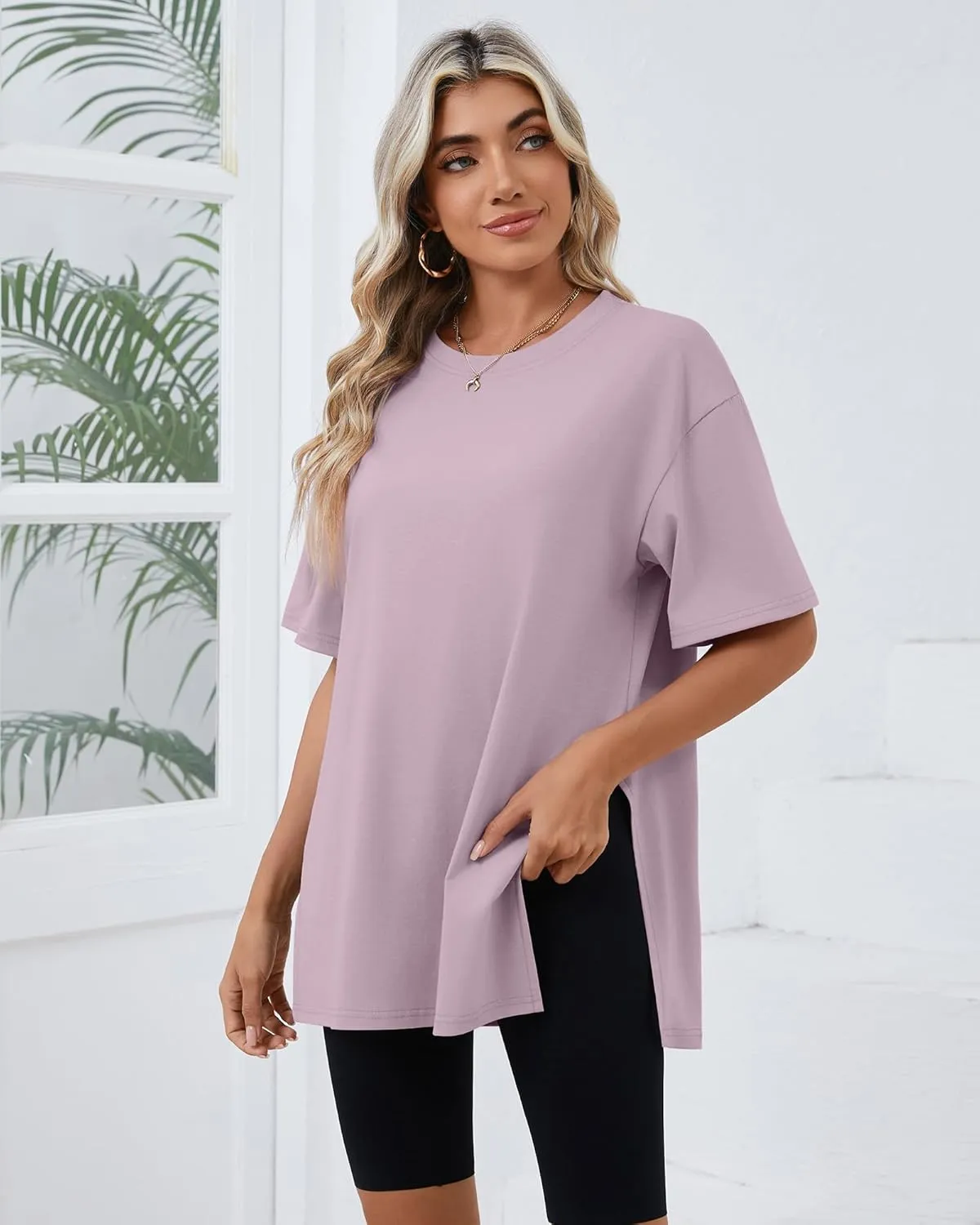 Huukeay 3 Pack Women's Oversized Gym T Shirts Cotton Short Sleeve Side Split Crewneck Tops Casual Workout Baggy Basic Tee