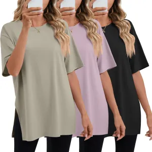 Huukeay 3 Pack Women's Oversized Gym T Shirts Cotton Short Sleeve Side Split Crewneck Tops Casual Workout Baggy Basic Tee