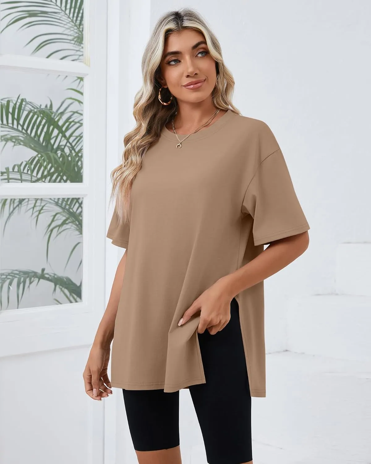 Huukeay 3 Pack Women's Oversized Gym T Shirts Cotton Short Sleeve Side Split Crewneck Tops Casual Workout Baggy Basic Tee