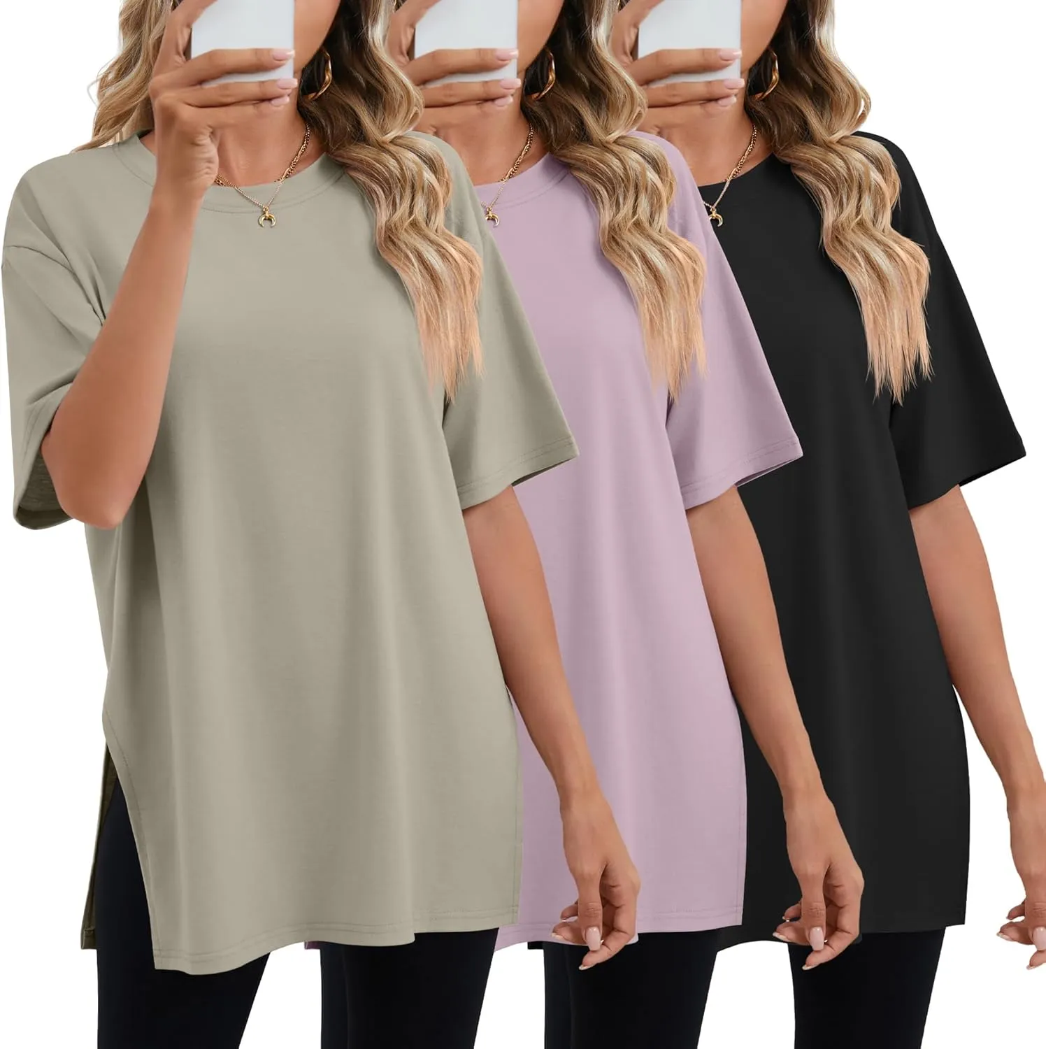 Huukeay 3 Pack Women's Oversized Gym T Shirts Cotton Short Sleeve Side Split Crewneck Tops Casual Workout Baggy Basic Tee