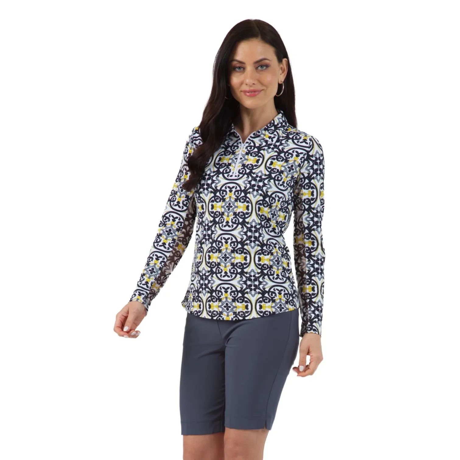 Ibkul Womens Alice Print Long Sleeve Polo - 41972