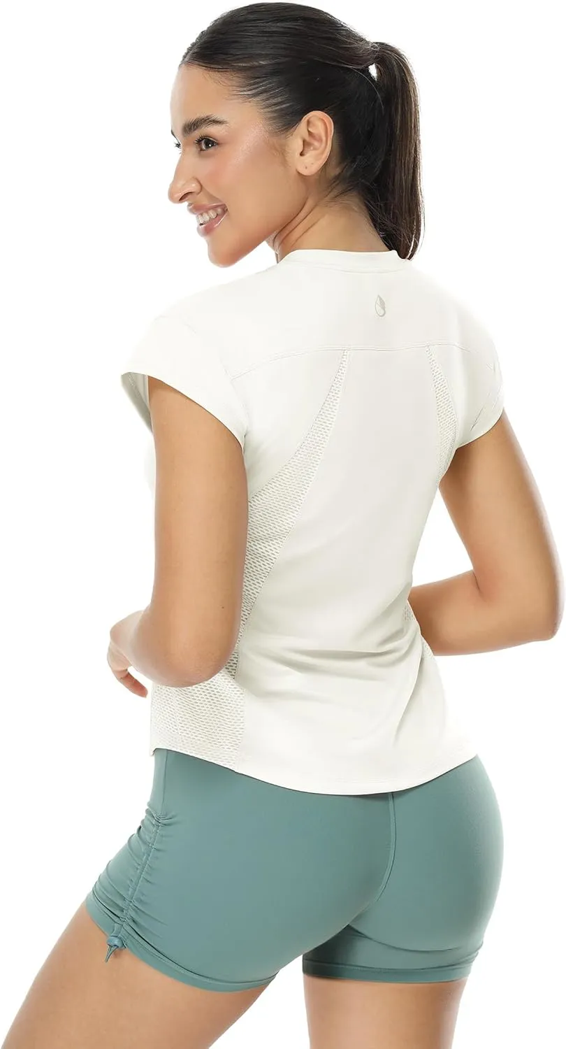 icyzone Women's Crewneck Workout T Shirts Quick Dry Athletic Cap Sleeve Fitness Gym Running Yoga Tee Tops