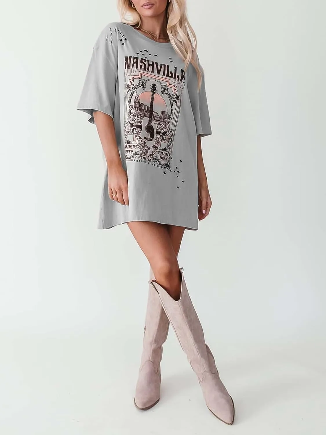 Imily Bela Womens Nashville Oversized T Shirts Country Concert Outfits Hollow Out Guitar Graphic Tees Vintage Tops